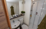 Moderne badeværelse med bruser, håndvask, toilet, grønne håndklæder og toiletartikler på glampingsted.