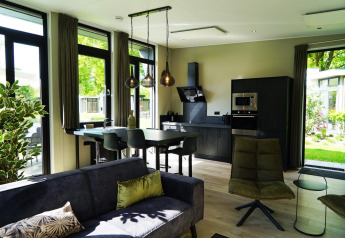 Interno moderno di tiny house a Just Nature, Kaatsheuvel, Paesi Bassi, cucina, soggiorno e zona pranzo.