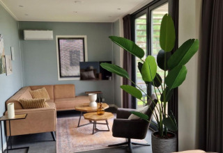Soggiorno moderno nel tiny house Modus 6 a Marina Strandbad, Paesi Bassi, con ampie finestre e piante.