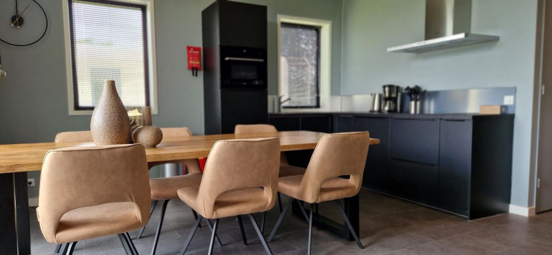 Modern kitchen and dining area in a tiny house at Marina Strandbad, Netherlands, featuring stylish furniture.