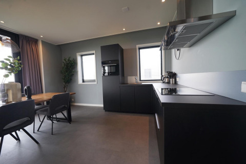 Moderne keuken en eethoek in tiny house Modus 6 bij Marina Strandbad, Nederland, met stijlvol interieur.
