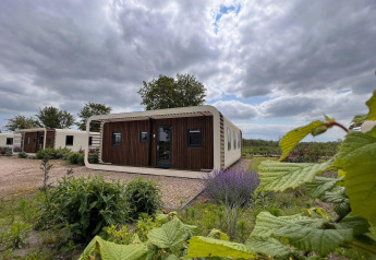 Casa diminuta moderna llamada Modus 6 en Marina Strandbad, Países Bajos, rodeada de naturaleza y plantas verdes.