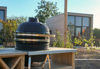 Scena di glamping all'aperto con barbecue in ceramica su un tavolo e moderna cabina in legno sullo sfondo.