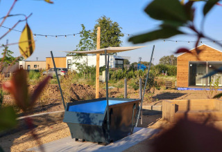 Buitenruimte bij Tiny House 4 in Marina Strandbad, Nederland, met tuin, terras en modern huisje.