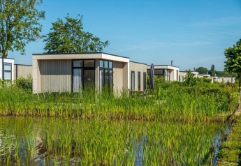 Lodge Cube la Mer 4 de estilo moderno junto al agua, rodeado de vegetación verde y bajo un cielo azul.