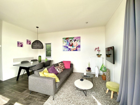 Lichte, moderne woonkamer in Cube la Mer 4-lodge aan Marina Strandbad in Nederland, kleurrijk ingericht.