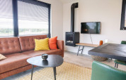Sala de estar moderna en Wellness Lodge 2 en Marina Strandbad, Países Bajos, con sofá marrón y chimenea
