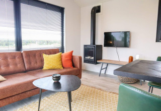 Sala de estar moderna en Wellness Lodge 2 en Marina Strandbad, Países Bajos, con sofá marrón y chimenea