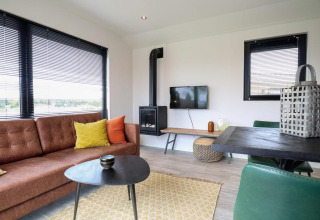 Salón moderno en Wellness Lodge 2 en Marina Strandbad, Países Bajos, con sofá, TV, chimenea y ventanas grandes.