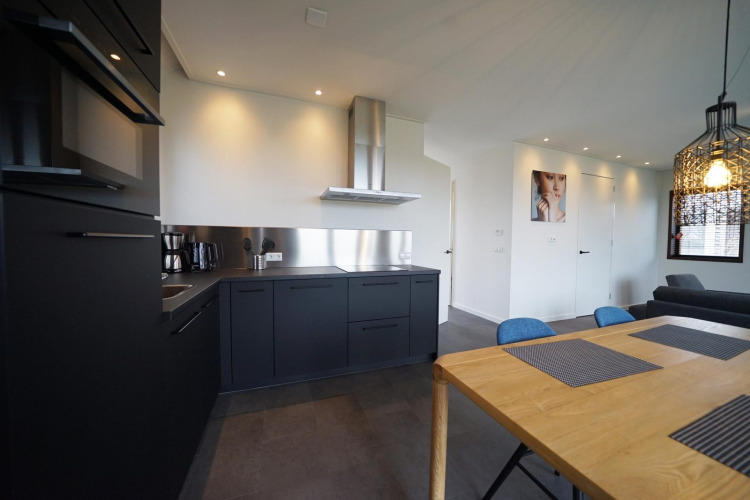 Moderne keuken en eetruimte in een Modus 4-lodge bij Marina Strandbad, Nederland, met zwarte kasten.