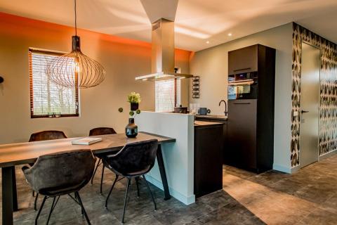 Zona pranzo e cucina moderna nel lodge Modus 4 a Marina Strandbad, Paesi Bassi, con arredo elegante.