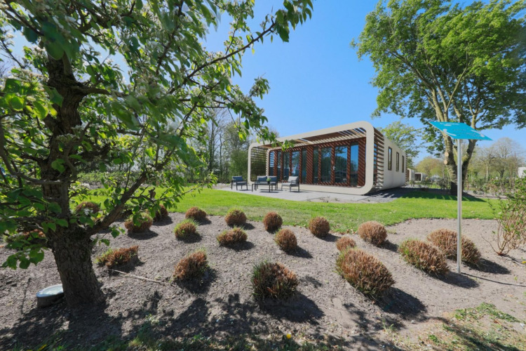 Moderne Modus 4 lodge bij Marina Strandbad in Nederland, omgeven door bomen, struiken en een heldere blauwe hemel.