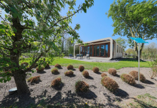Moderne lodge Modus 4 ved Marina Strandbad i Holland, omringet af grønne træer og buske under blå himmel.