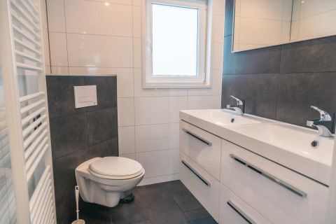 Moderne badkamer bij Hackfort 8, De Kraaijenbergse Plassen, Nederland, met dubbele wasbak en hangtoilet.