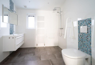 Modernes, barrierefreies Badezimmer in Hackfort Waterfront 4 mit Dusche, Haltegriffen und blauen Mosaikfliesen.