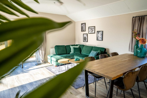 Sala de estar moderna de una cabaña con sofá verde, mesa de madera, arte en la pared y planta verde.