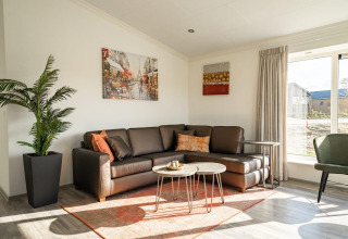 Moderne stue i en lodge med hjørnesofa, kunst på væggen, grøn plante og store vinduer med gardiner.