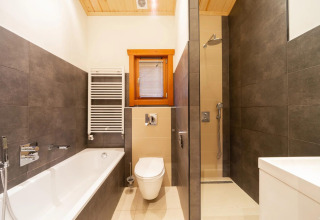 Baño moderno en la cabaña Boekhorst en Limburg, Países Bajos, con bañera, ducha y WC modernos.