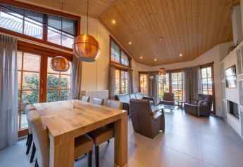 Ampio soggiorno luminoso al Boekhorst lodge di Limburg, Paesi Bassi, con soffitto in legno e grandi finestre.