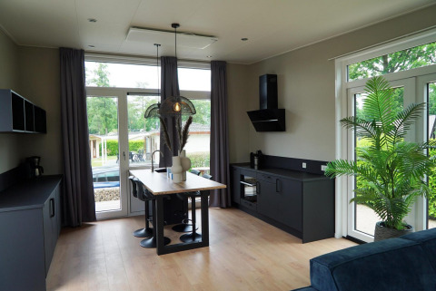 Cucina moderna in lodge Just Nature, Limburg, Paesi Bassi, con ampie finestre e interni scuri ed eleganti.