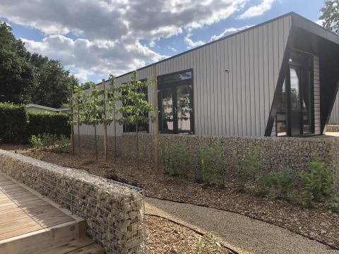Lodge moderno Just Nature a Limburg, Paesi Bassi, con giardino curato, pareti in pietra e alberi giovani.