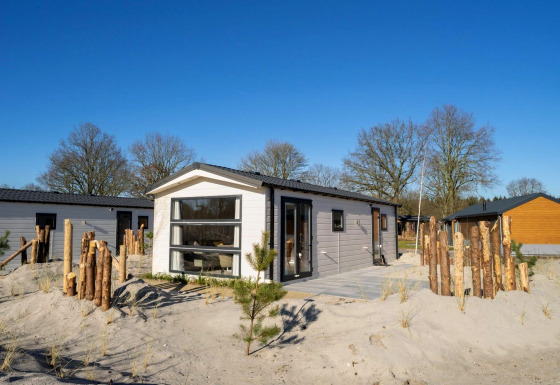 Moderne Berkel 4 Lodge auf sandigem Gelände mit Holzzaun, Bäumen und klarem Himmel im Hintergrund.