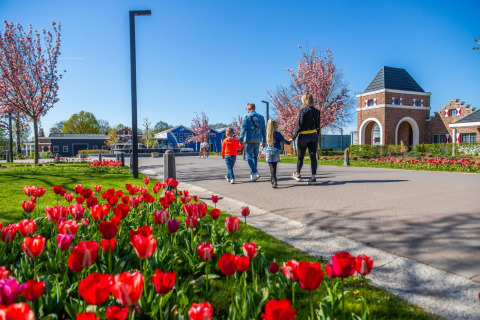 Gezin wandelt hand in hand over een glamping terrein met tulpen, bloesembomen en zonneschijn.