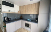 Modern kitchenette in Domus 4 at Zuiderzee, Netherlands, with wood and grey cabinets and built-in appliances.