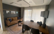Salon moderne avec canapé, table en bois et télévision au Domus 4, Zuiderzee, Pays-Bas, éclairé par le jour.