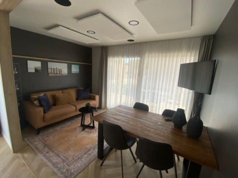 Moderne woonkamer met bruine bank, houten tafel en tv in Domus 4 lodge bij Zuiderzee, Nederland.