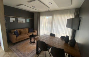 Moderne stue med brune og sorte møbler, træbord og fladskærms-tv i Domus 4, Zuiderzee, Holland.