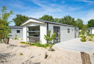Modern Berkel 6 lodge at Zuiderzee, Netherlands, surrounded by sand and greenery on a sunny day.