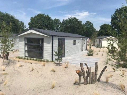 Modern Berkel 6 lodge at Zuiderzee, Netherlands, with sandy surroundings, wooden deck, and trees.
