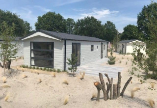 Modern Berkel 6 lodge at Zuiderzee, Netherlands, with sandy surroundings, wooden deck, and trees.