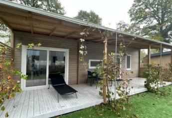 Overdekt terras van Cosy Unique 4 lodge met houten vloer, ligzetel, tuinmeubilair en omliggend groen.