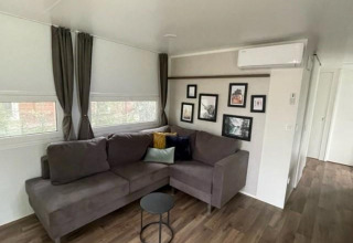 Living room in Cosy Unique 4 lodge at Zuiderzee, Netherlands, featuring a grey sofa and wall art.