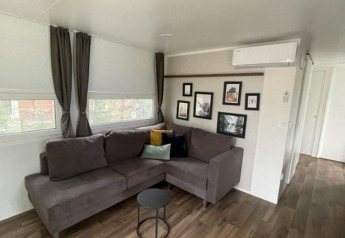 Woonkamer van Cosy Unique 4 lodge in Zuiderzee, Nederland, met grijze zetel en muurdecoratie.