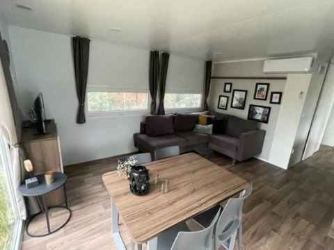 Woonkamer van Cosy Unique 4 lodge aan het Zuiderzee in Nederland met bank, eettafel en tv.