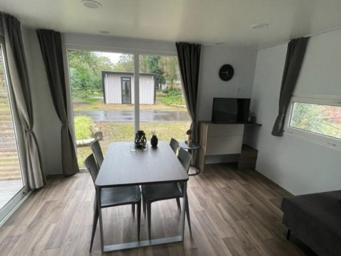 Modern lodge dining area with garden view at Cosy Unique 4, Zuiderzee holiday park, Netherlands.