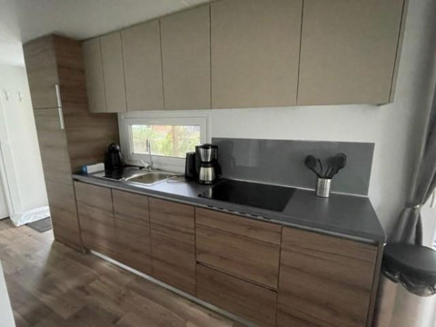 Moderne keuken in de Cosy Unique 4 lodge bij Zuiderzee, Nederland, met houtafwerking en raam.