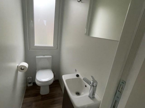 Kleine badkamer met toilet, wastafel en spiegel bij Cosy Unique 4 lodge in Zuiderzee, Nederland.