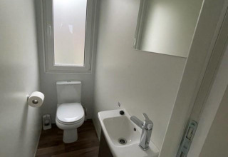 Compact bathroom with toilet, sink, and mirror at Cosy Unique 4 lodge in Zuiderzee, the Netherlands.