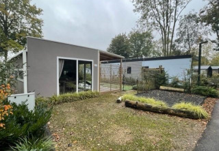 Exterior view of Cosy Unique 4 lodge at Zuiderzee in the Netherlands, featuring garden and trees.