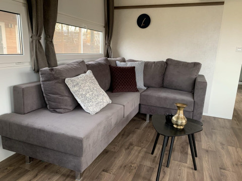 Moderne stue i Cottage 4 ved Zuiderzee, Nederlandene med grå sofa, pyntepuder og sort bord.