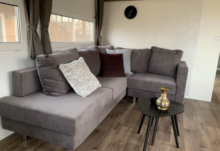 Moderne stue i Cottage 4 ved Zuiderzee, Nederlandene med grå sofa, pyntepuder og sort bord.