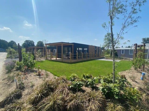 Cottage 4 på Zuiderzee i Holland med moderne træterrasse og grønne haver under en klar blå himmel.