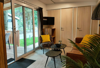 Moderne stue i Cottage 5 på Zuiderzee i Holland med store vinduer, lyse trædøre, og komfortable møbler.