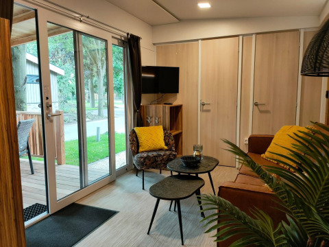 Moderne stue i Cottage 5 på Zuiderzee i Holland med store vinduer, lyse trædøre, og komfortable møbler.