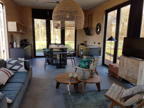 Soggiorno e cucina moderni in una tiny house a Zuiderzee, Paesi Bassi, con grandi finestre e arredo naturale.