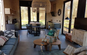 Modern living room and kitchen in a tiny house at Zuiderzee, Netherlands, with large windows and natural decor.